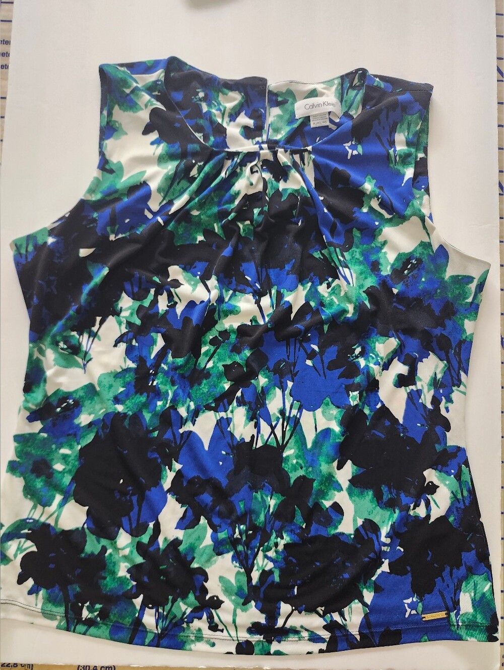 Calvin Klein Multicolor Floral Round Ruched Neck Sleeveless Top Blouse Cami S LP